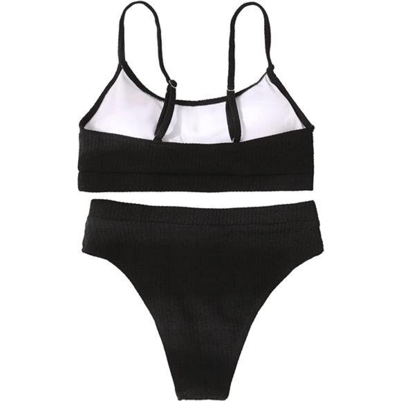 High Waisted Tummy Control Ribbed Bikini Crop Top Brazilian Swimsuit Set 2 Piece - Picture 2 of 5
